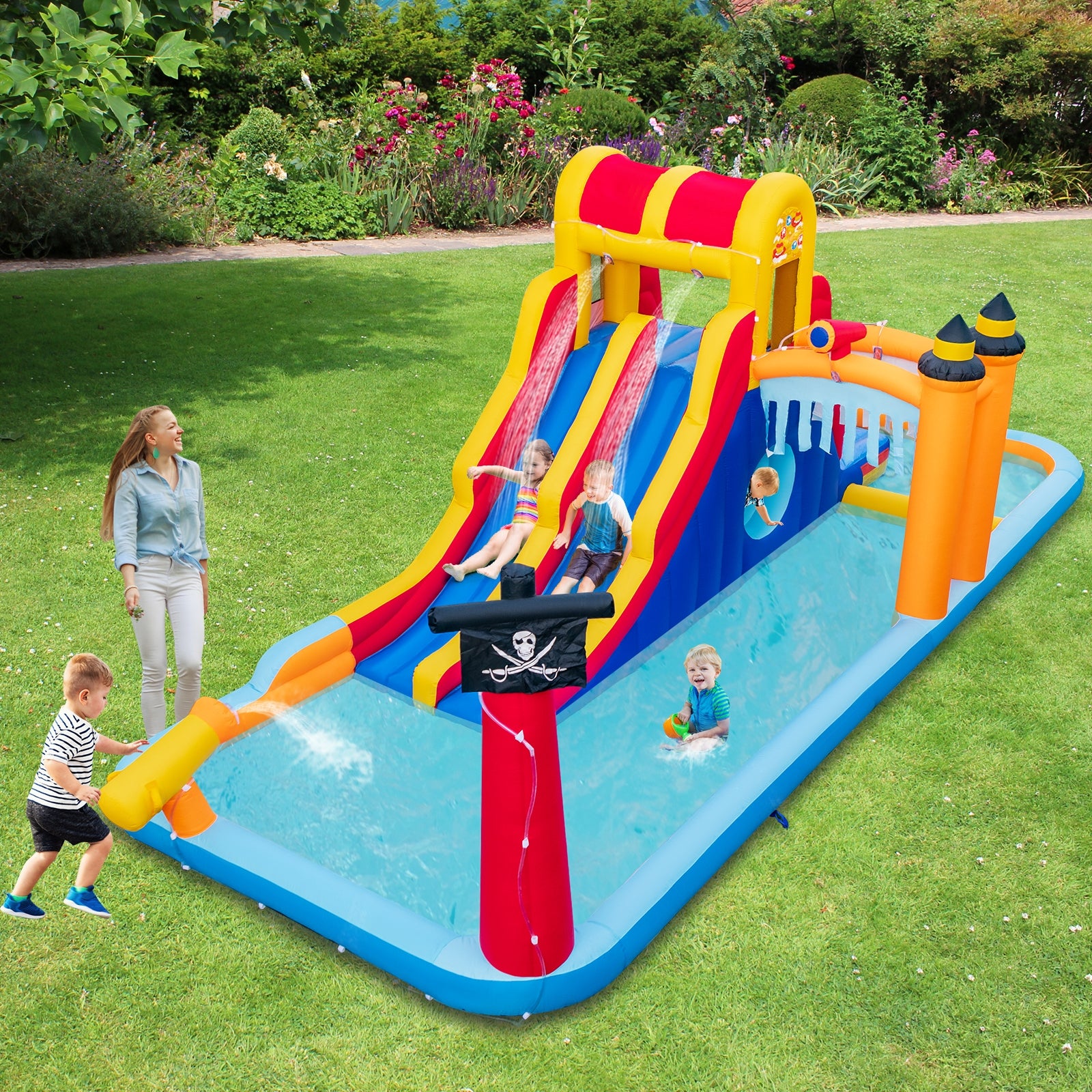 6-In-1 Inflatable Water Slide with Dual Slides Climbing Wall and Cave Crawling Game with 950W Blower, Multicolor Bounce House at Gallery Canada