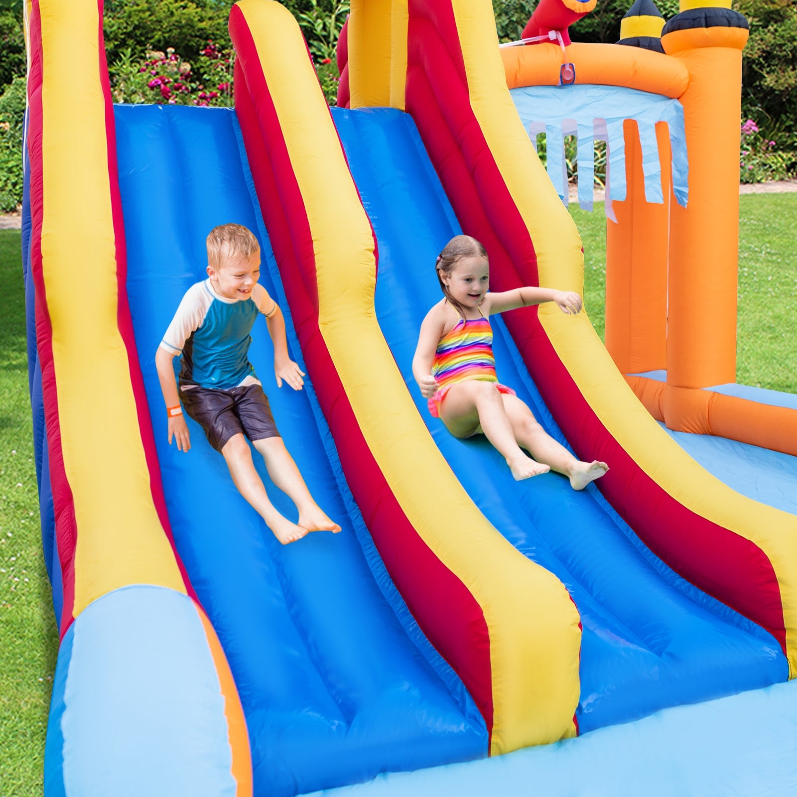 6-In-1 Inflatable Water Slide with Dual Slides Climbing Wall and Cave Crawling Game with 950W Blower, Multicolor Bounce House at Gallery Canada