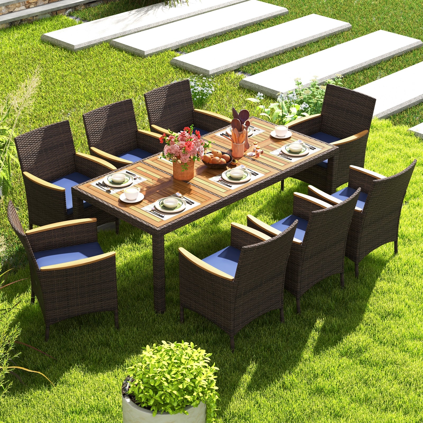 9 Piece Outdoor Dining Set with Acacia Wood Table Top, Navy Patio Dining Sets at Gallery Canada