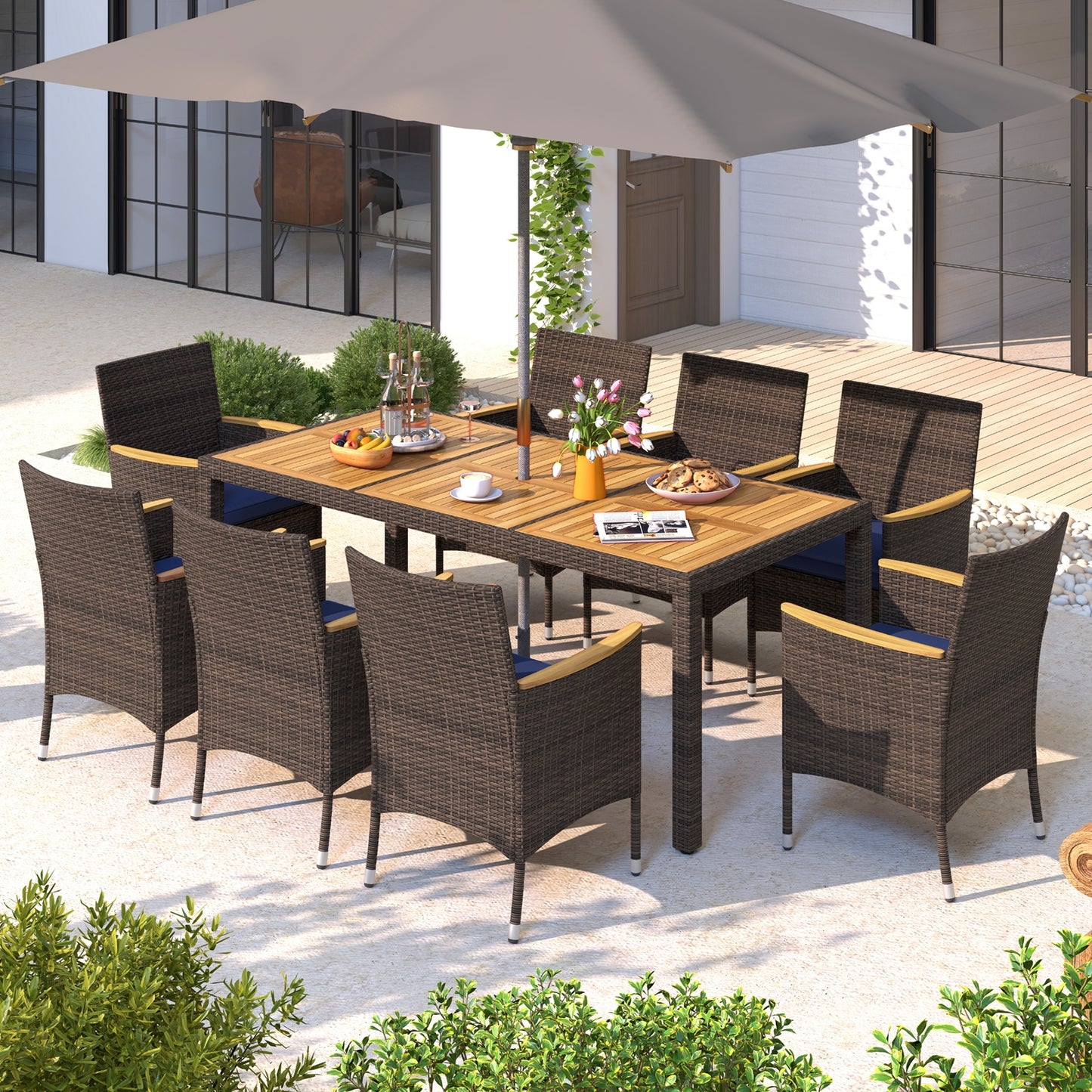 9 Piece Outdoor Dining Set with Acacia Wood Table Top, Navy Patio Dining Sets at Gallery Canada