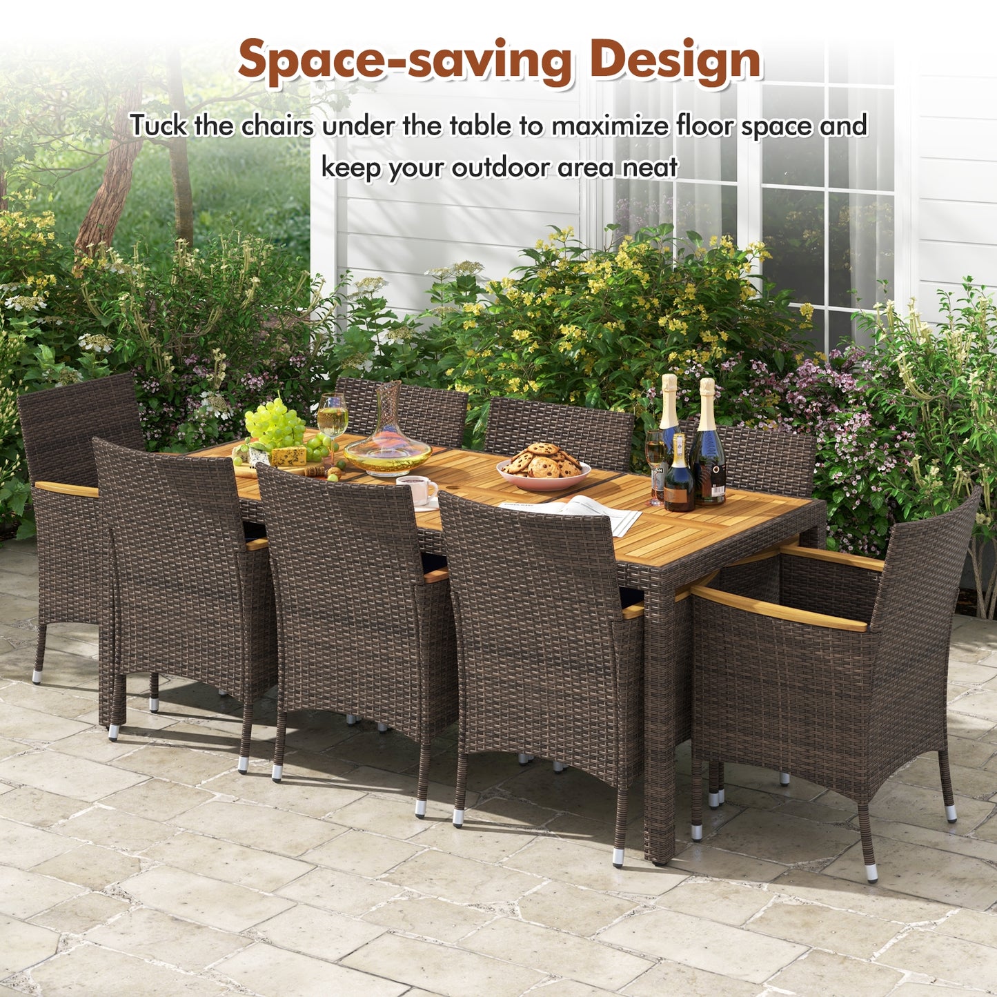 9 Piece Outdoor Dining Set with Acacia Wood Table Top, Navy Patio Dining Sets at Gallery Canada