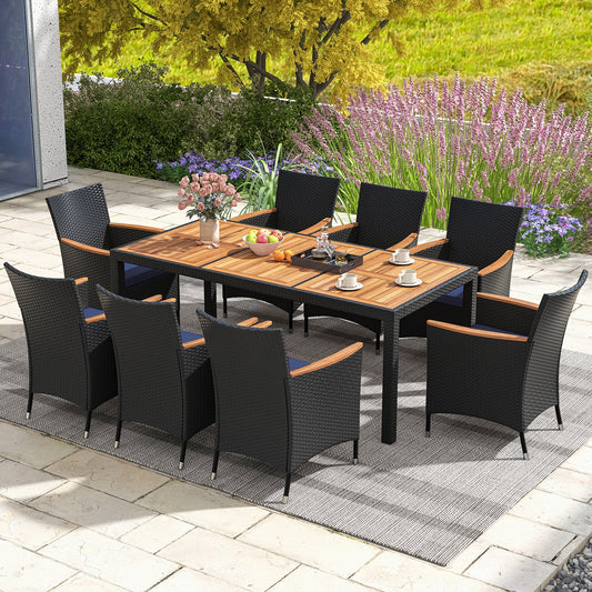 9 Pieces Outdoor Dining Set with Acacia Wood Tabletop for Garden, Navy Patio Dining Sets Navy at Gallery Canada