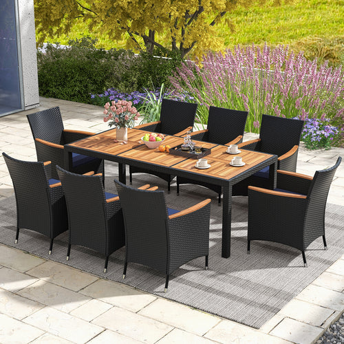 9 Pieces Outdoor Dining Set with Acacia Wood Tabletop for Garden, Navy