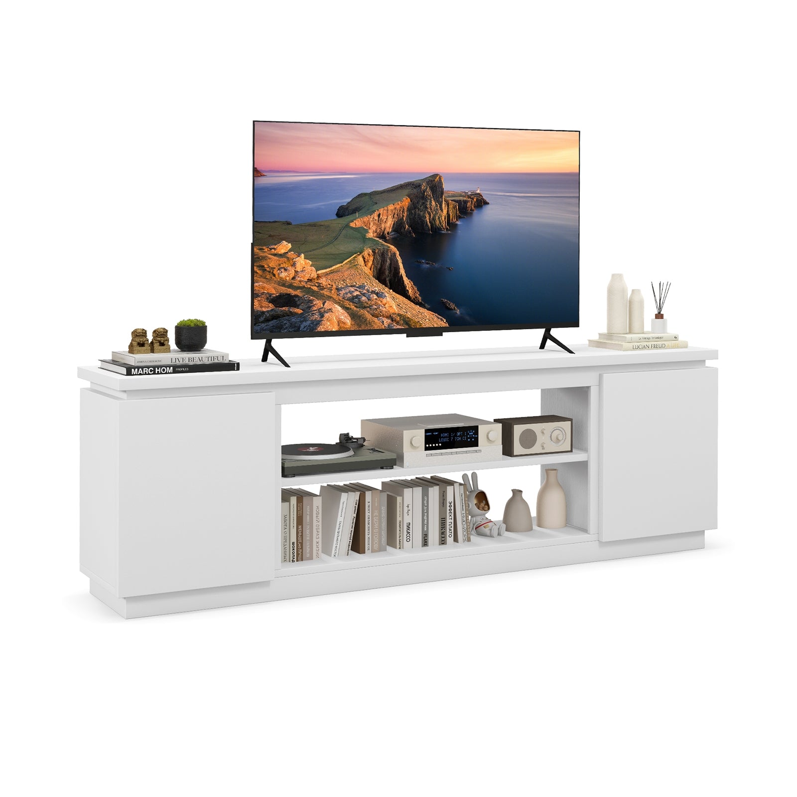 TV Cabinet with 3 Adjustable Shelves and Anti-Tipping Kits for TVs up to 80 Inch, White Entertainment Centers & TV Stands at Gallery Canada