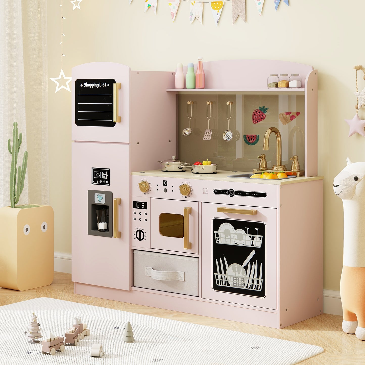 Wooden Kids Kitchen Playset with Chalkboard Ice Maker Sink Lighted Microwave, Pink Play Kitchen Sets at Gallery Canada