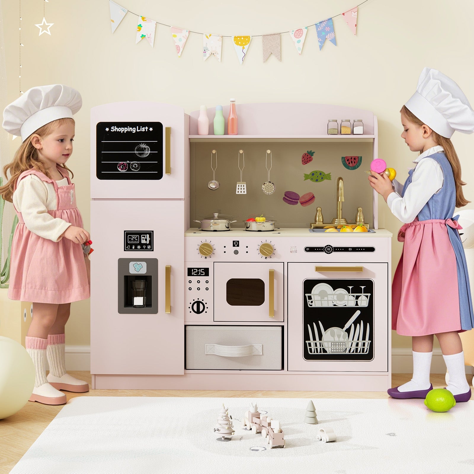 Wooden Kids Kitchen Playset with Chalkboard Ice Maker Sink Lighted Microwave, Pink Play Kitchen Sets at Gallery Canada