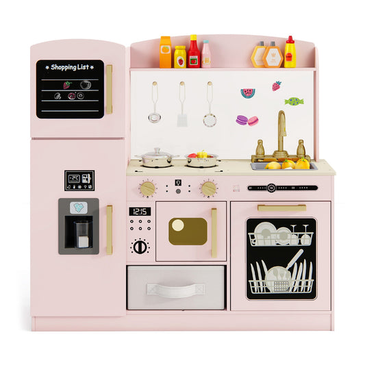 Wooden Kids Kitchen Playset with Chalkboard Ice Maker Sink Lighted Microwave, Pink Play Kitchen Sets Pink at Gallery Canada