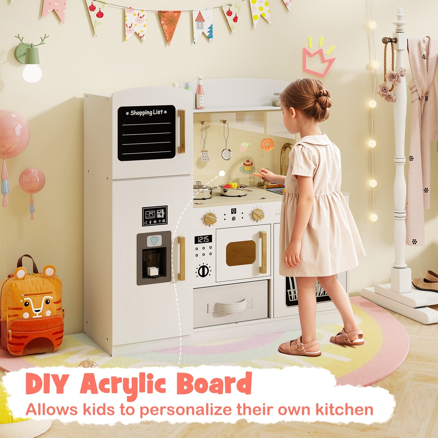 Wooden Kids Kitchen Playset with Chalkboard Ice Maker Sink Lighted Microwave, Pink Play Kitchen Sets at Gallery Canada