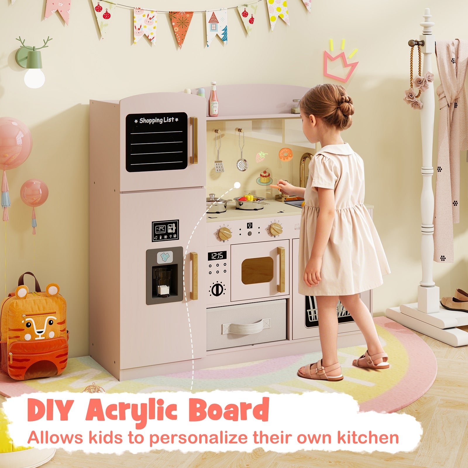 Wooden Kids Kitchen Playset with Chalkboard Ice Maker Sink Lighted Microwave, Pink Play Kitchen Sets at Gallery Canada