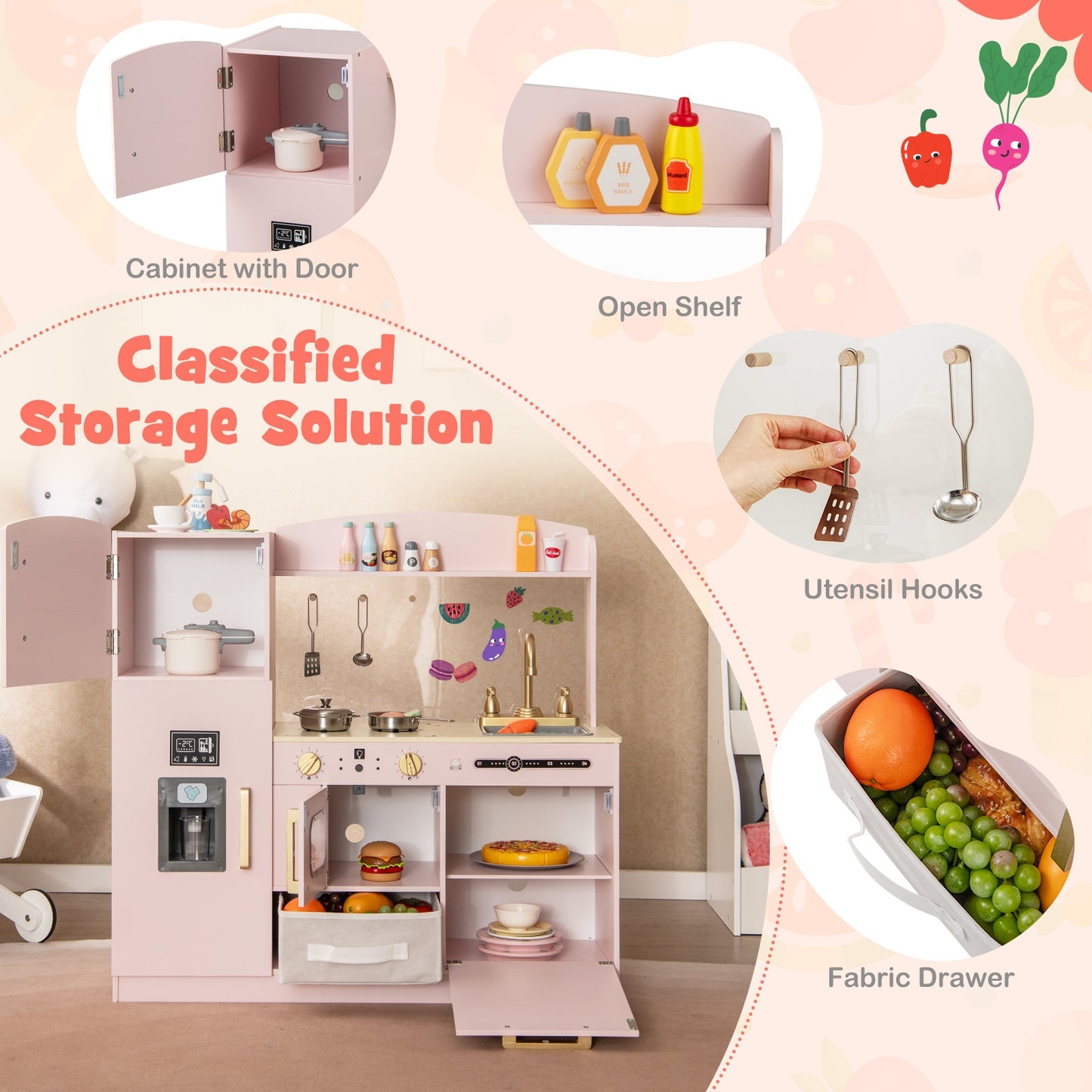 Wooden Kids Kitchen Playset with Chalkboard Ice Maker Sink Lighted Microwave, Pink Play Kitchen Sets at Gallery Canada