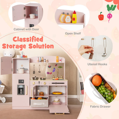 Wooden Kids Kitchen Playset with Chalkboard Ice Maker Sink Lighted Microwave, Pink Play Kitchen Sets at Gallery Canada