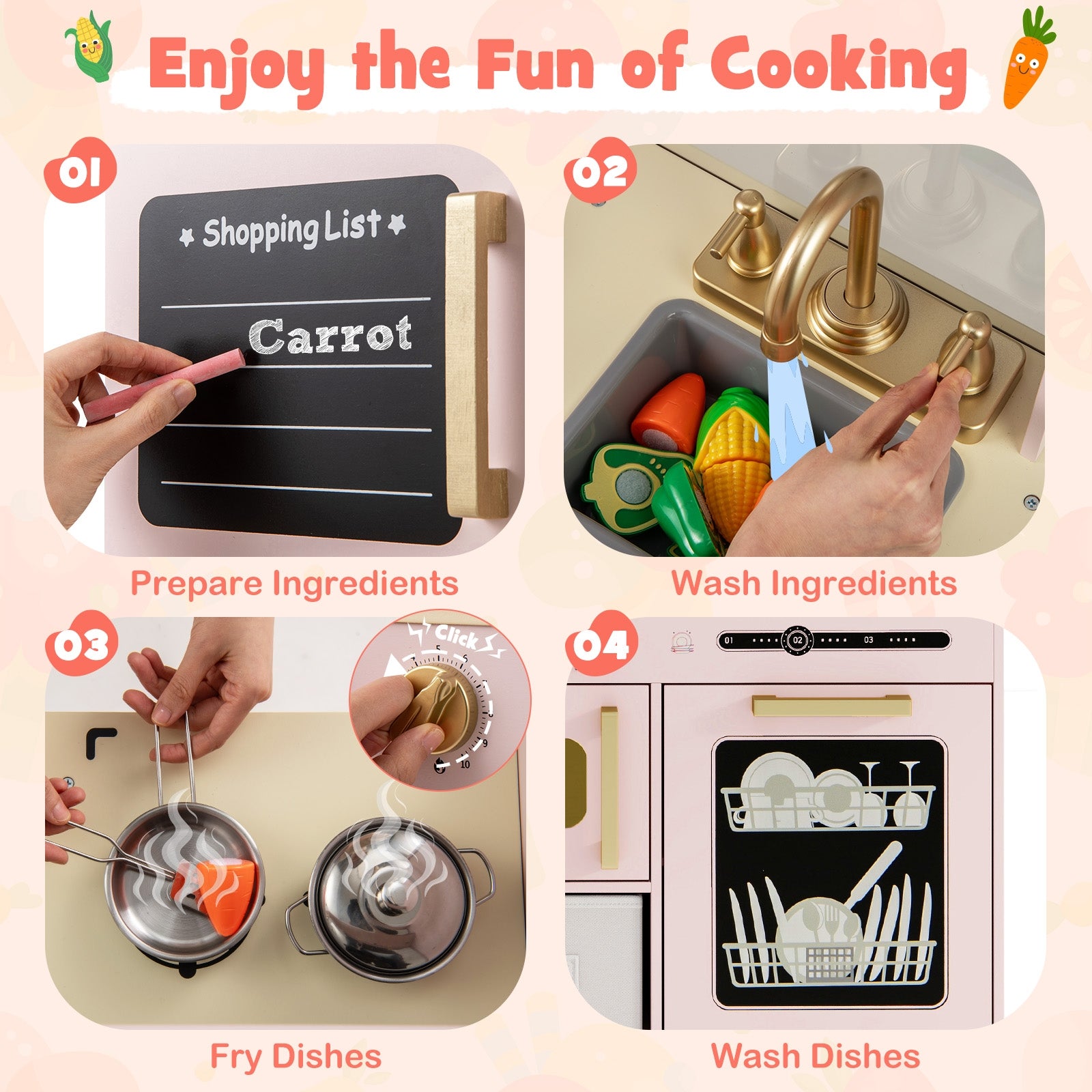 Wooden Kids Kitchen Playset with Chalkboard Ice Maker Sink Lighted Microwave, Pink Play Kitchen Sets at Gallery Canada