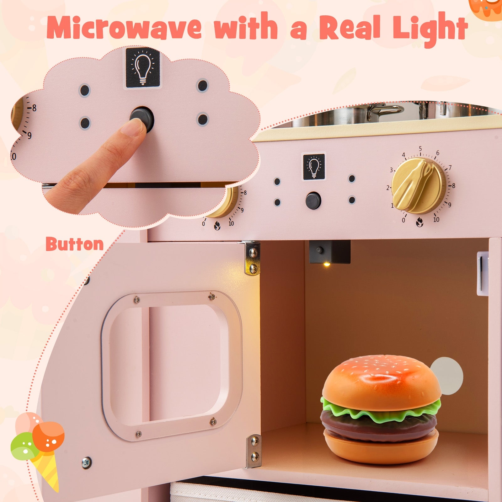 Wooden Kids Kitchen Playset with Chalkboard Ice Maker Sink Lighted Microwave, Pink Play Kitchen Sets at Gallery Canada