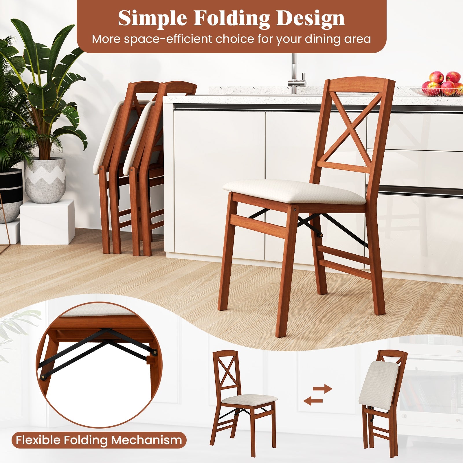 Folding Dining Chairs Set of 2 with Padded Seat and Rubber Wood Frame-A, Walnut Dining Chairs at Gallery Canada