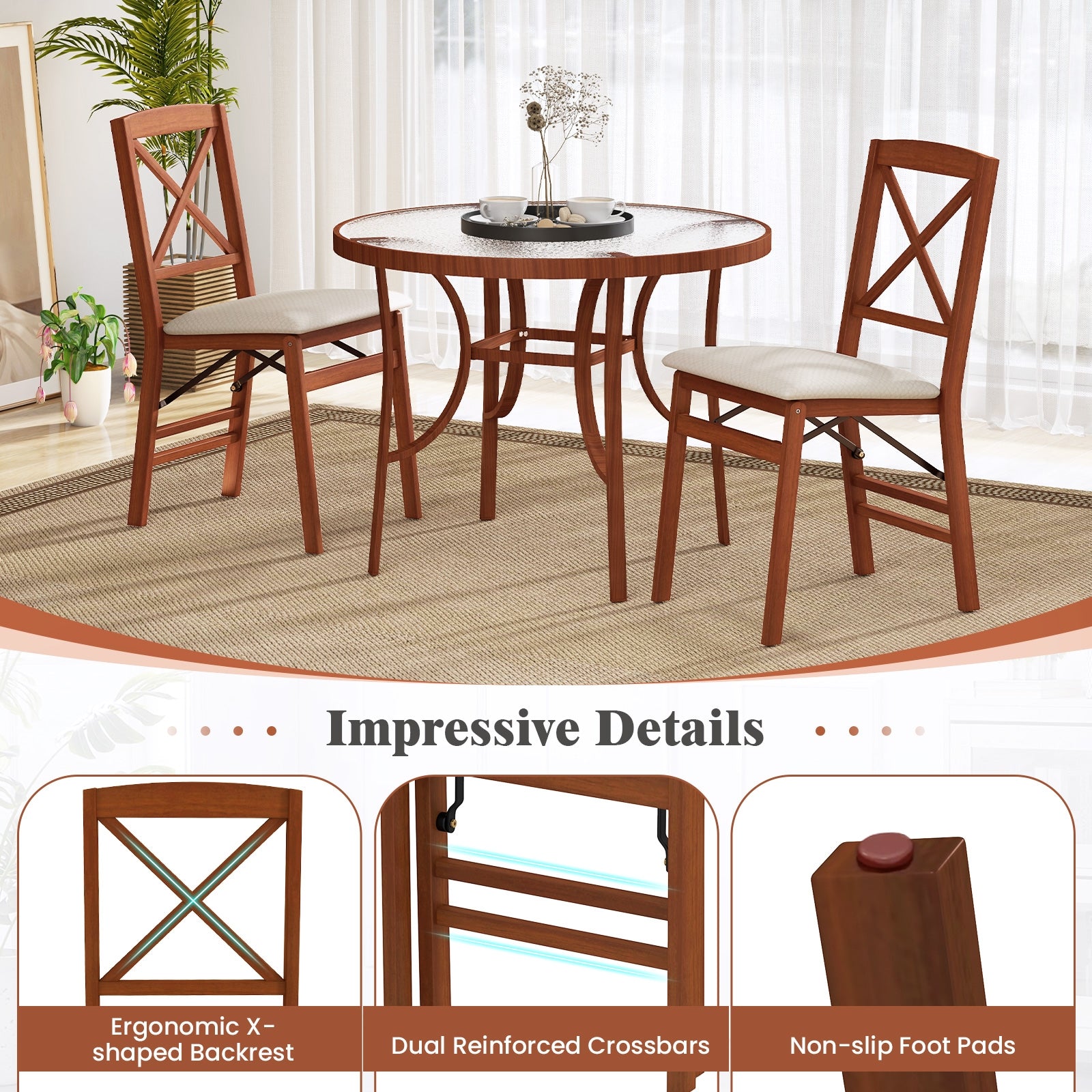 Folding Dining Chairs Set of 2 with Padded Seat and Rubber Wood Frame-A, Walnut Dining Chairs at Gallery Canada