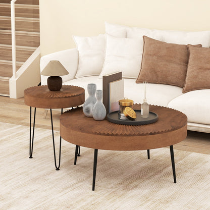 Set of 2 Boho Round Coffee Table with Solid Pine Wood Top and Metal Legs, Brown Coffee Tables   at Gallery Canada