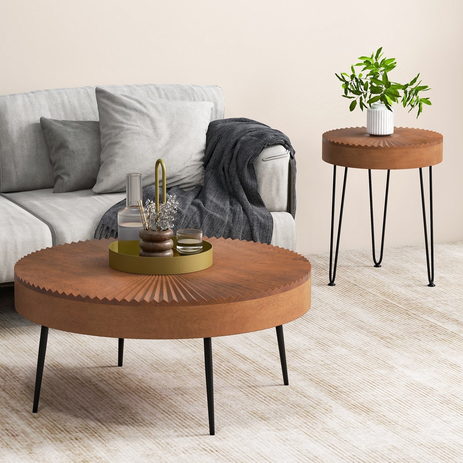 Set of 2 Boho Round Coffee Table with Solid Pine Wood Top and Metal Legs, Brown Coffee Tables   at Gallery Canada