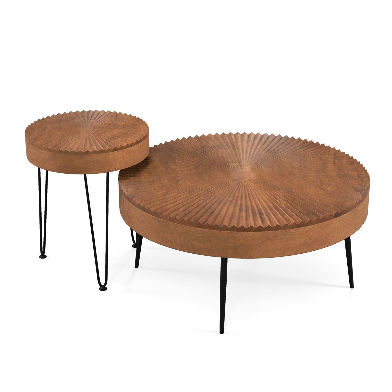 Set of 2 Boho Round Coffee Table with Solid Pine Wood Top and Metal Legs, Brown Coffee Tables Brown  at Gallery Canada