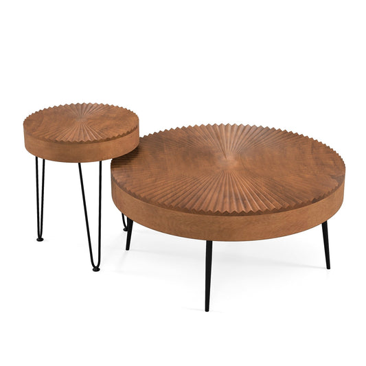 Set of 2 Boho Round Coffee Table with Solid Pine Wood Top and Metal Legs, Brown Coffee Tables Brown  at Gallery Canada