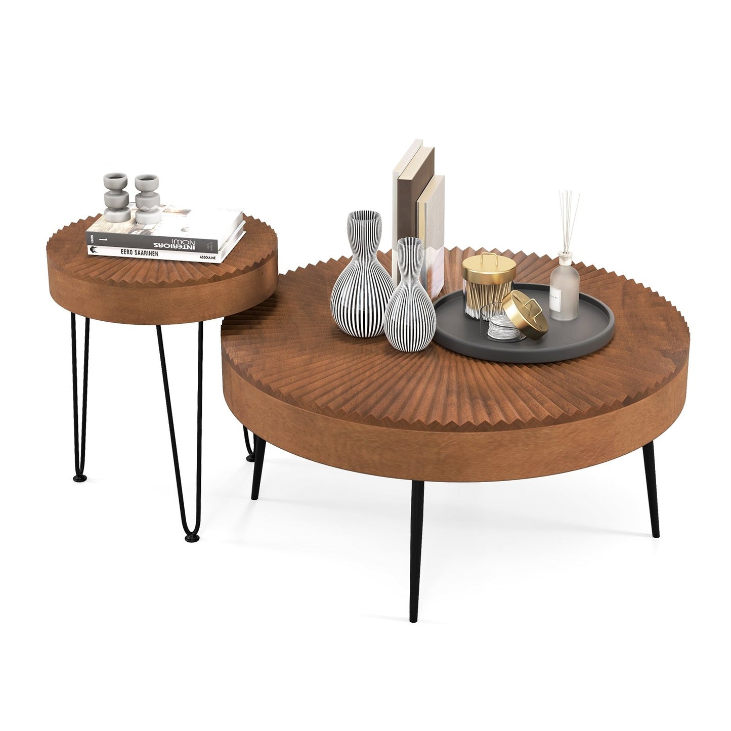 Set of 2 Boho Round Coffee Table with Solid Pine Wood Top and Metal Legs, Brown Coffee Tables   at Gallery Canada