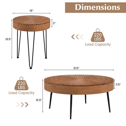 Set of 2 Boho Round Coffee Table with Solid Pine Wood Top and Metal Legs, Brown Coffee Tables   at Gallery Canada