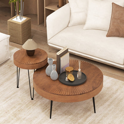 Set of 2 Boho Round Coffee Table with Solid Pine Wood Top and Metal Legs, Brown Coffee Tables   at Gallery Canada