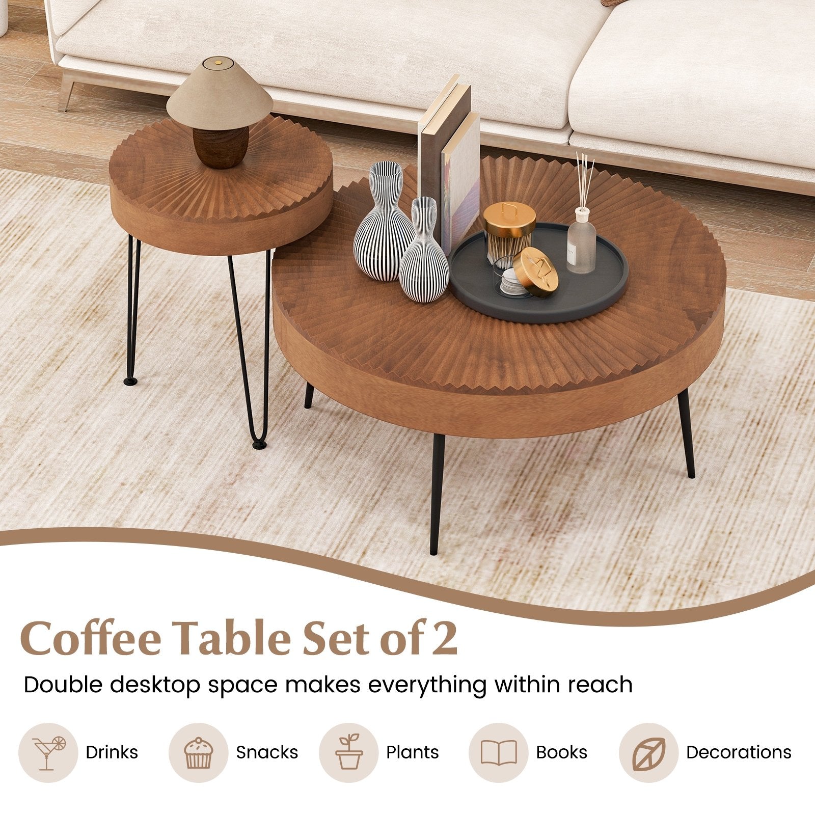 Set of 2 Boho Round Coffee Table with Solid Pine Wood Top and Metal Legs, Brown Coffee Tables   at Gallery Canada