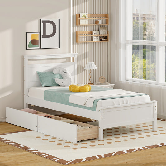 Twin Size Wooden Bed Frame with 2 Drawers for Teens and Adults, White Simple Bed Frame White  at Gallery Canada