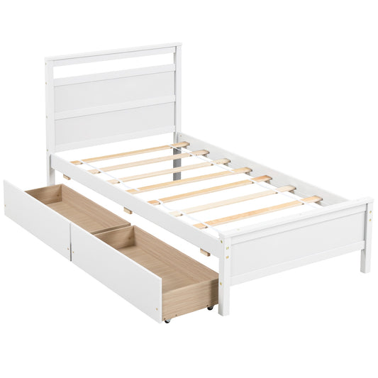 Twin Size Wooden Bed Frame with 2 Drawers for Teens and Adults, White Simple Bed Frame White  at Gallery Canada