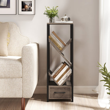 4 Tier Floor Tree Bookshelf with Drawer and Metal Frame, Gray Bookcases at Gallery Canada