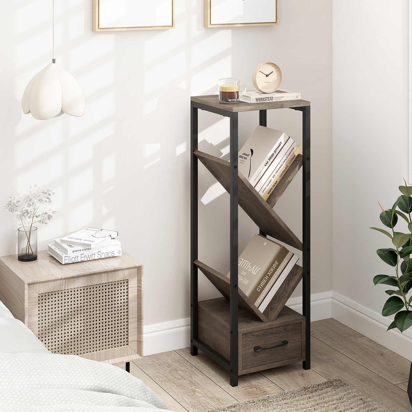 4 Tier Floor Tree Bookshelf with Drawer and Metal Frame, Gray Bookcases at Gallery Canada