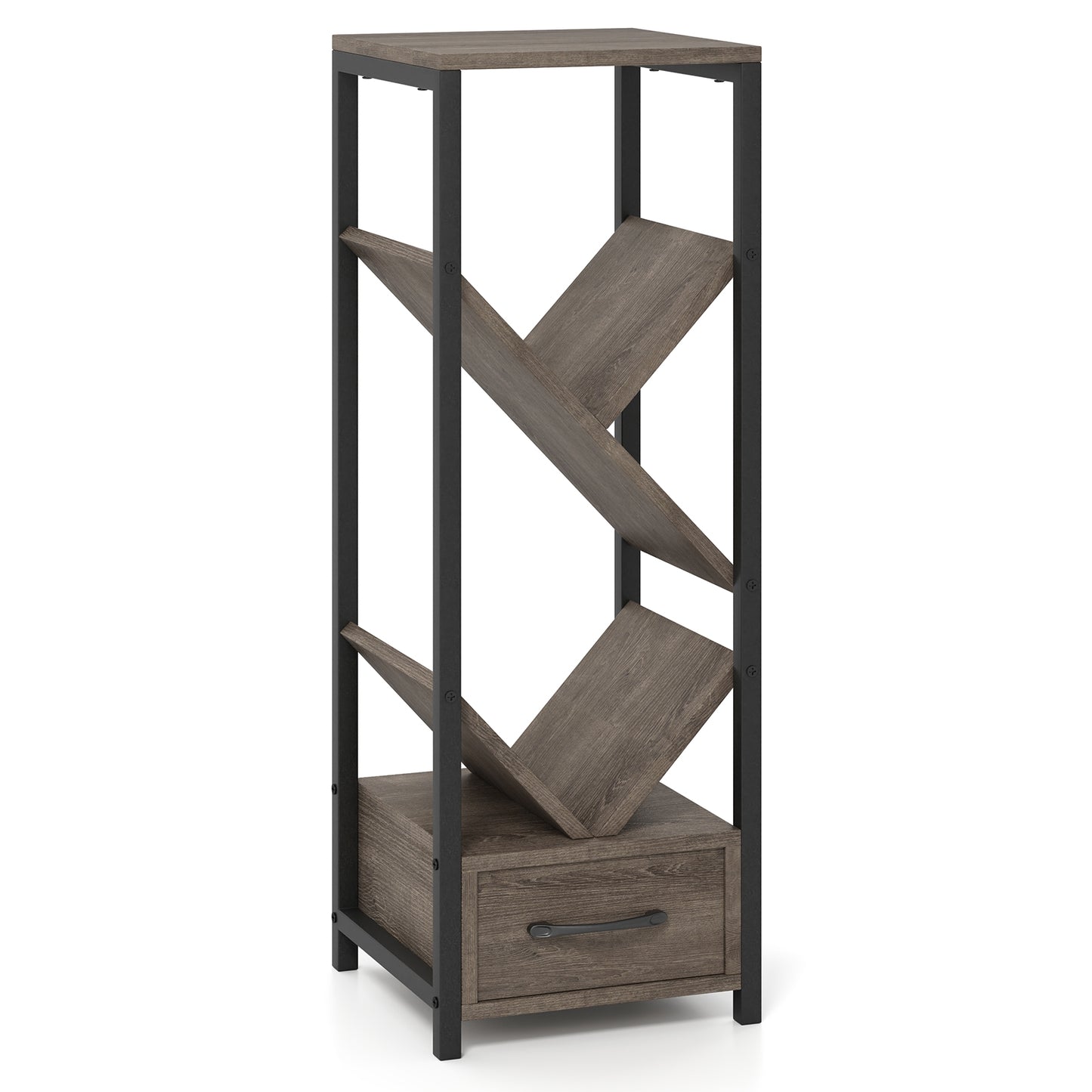 4 Tier Floor Tree Bookshelf with Drawer and Metal Frame, Gray Bookcases Gray at Gallery Canada