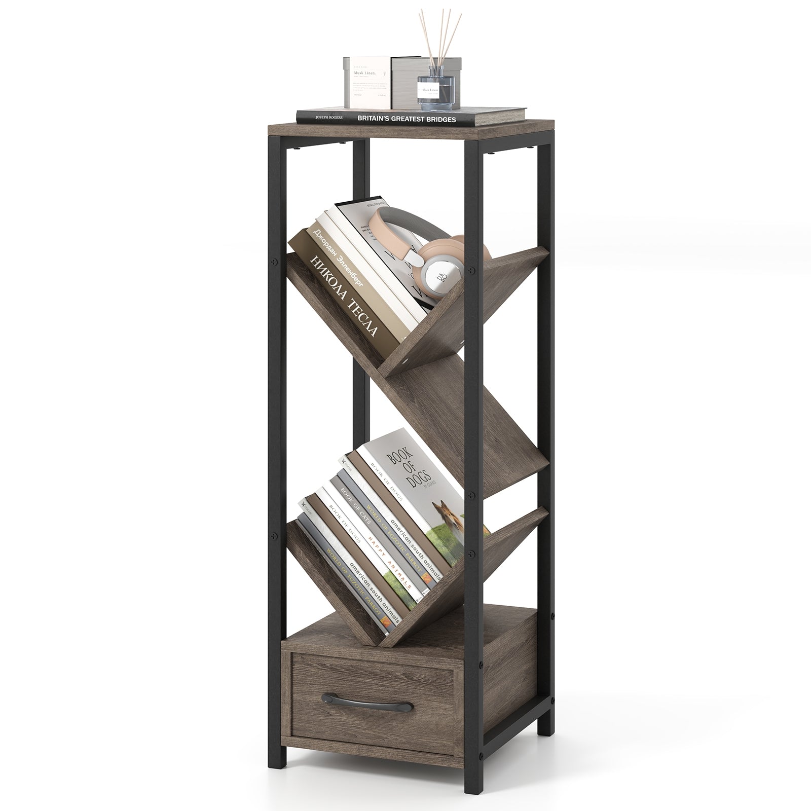 4 Tier Floor Tree Bookshelf with Drawer and Metal Frame, Gray Bookcases at Gallery Canada