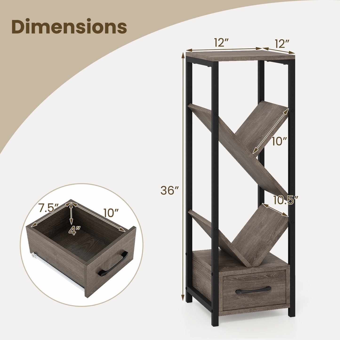 4 Tier Floor Tree Bookshelf with Drawer and Metal Frame, Gray Bookcases at Gallery Canada