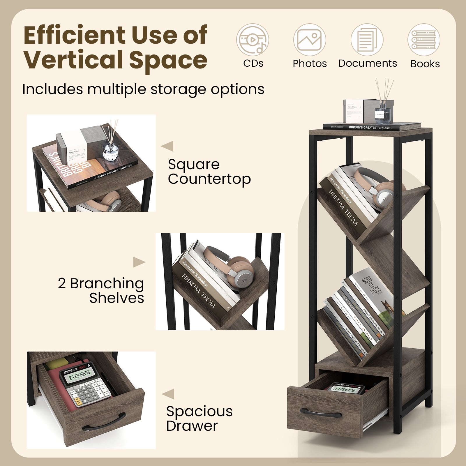 4 Tier Floor Tree Bookshelf with Drawer and Metal Frame, Gray Bookcases at Gallery Canada