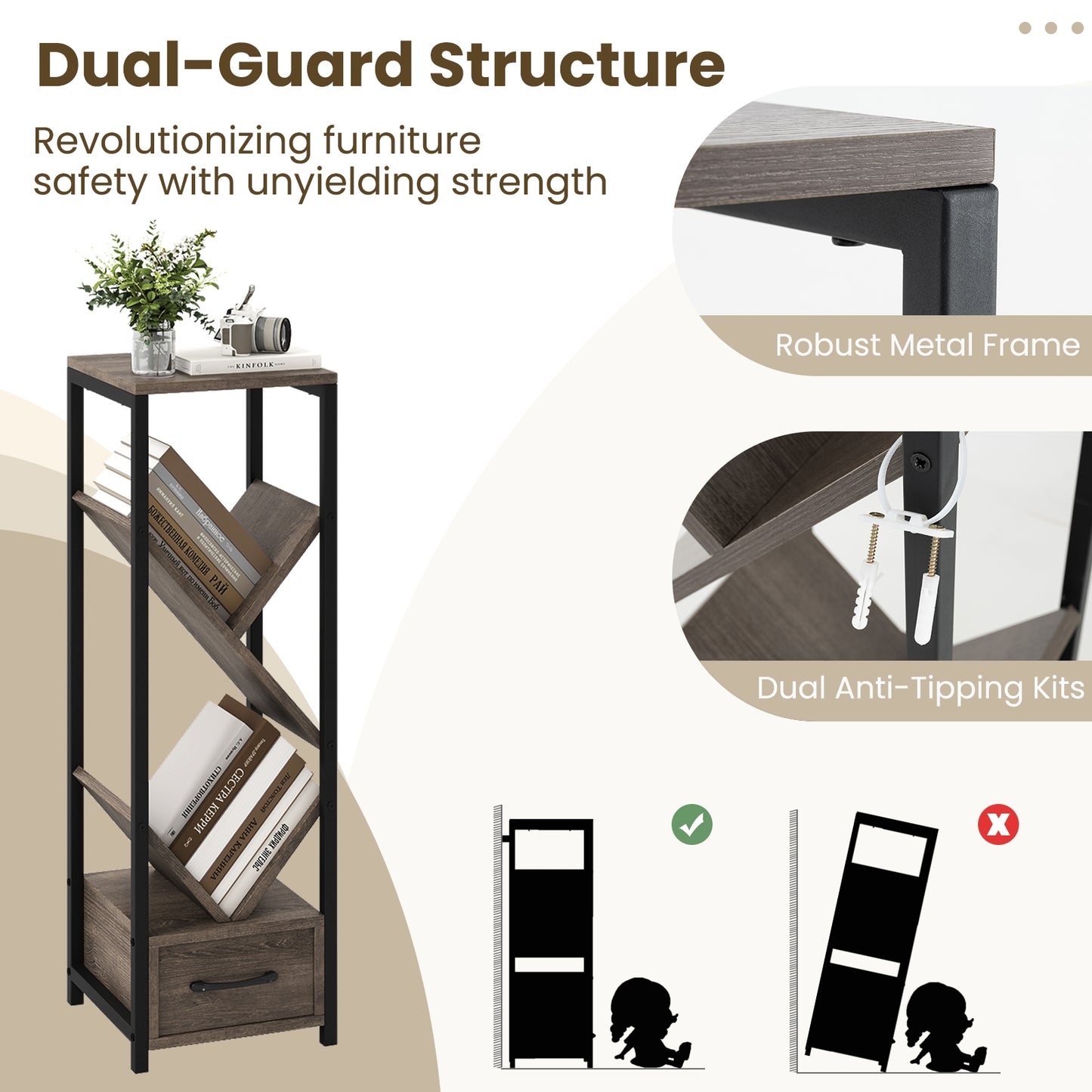 4 Tier Floor Tree Bookshelf with Drawer and Metal Frame, Gray Bookcases at Gallery Canada