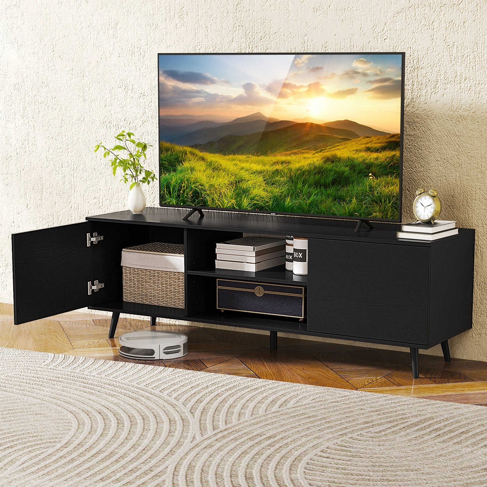 TV Stand with Power Outlets and Adjustable Shelf for 60 Inch TVs, Black Entertainment Centers & TV Stands at Gallery Canada