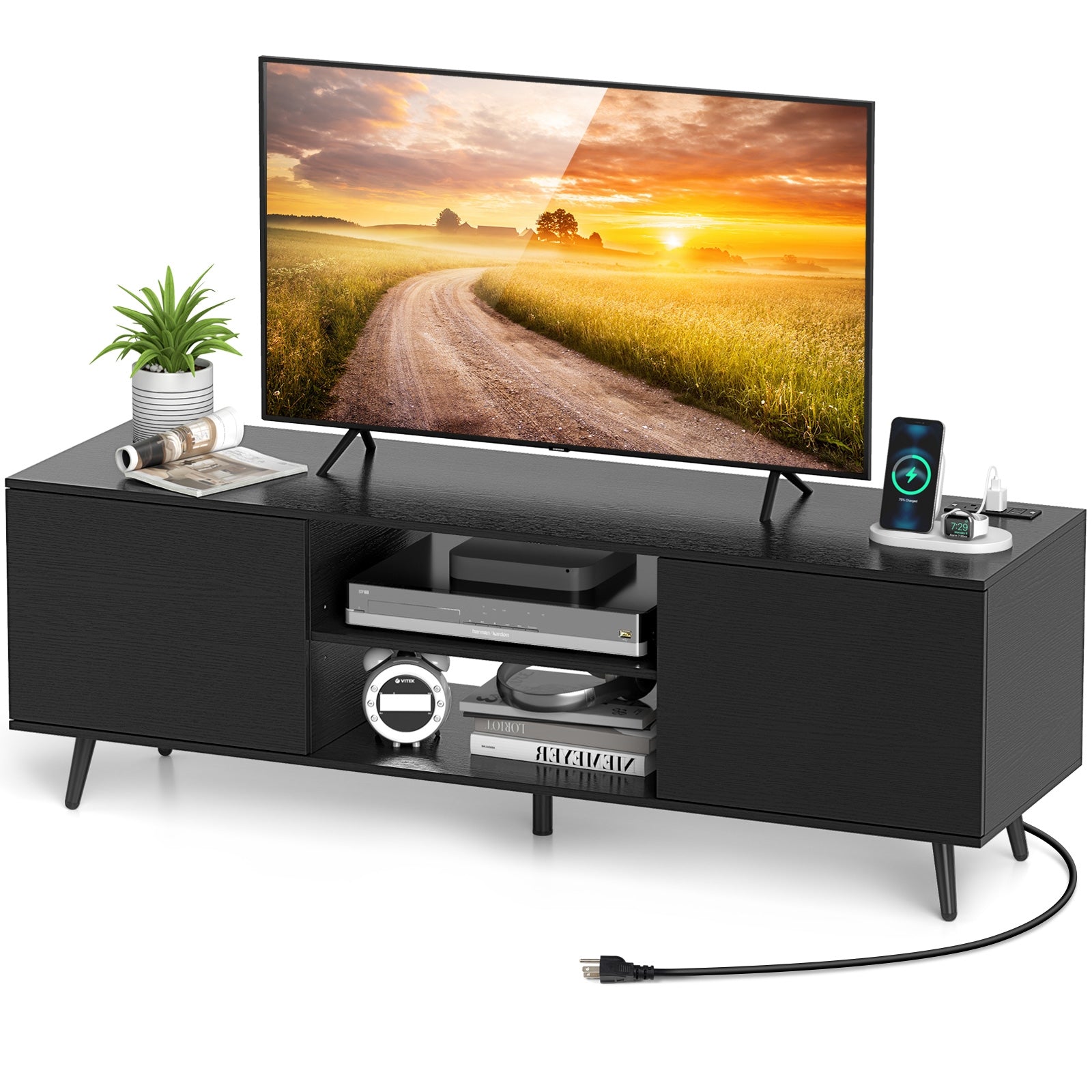 TV Stand with Power Outlets and Adjustable Shelf for 60 Inch TVs, Black Entertainment Centers & TV Stands at Gallery Canada
