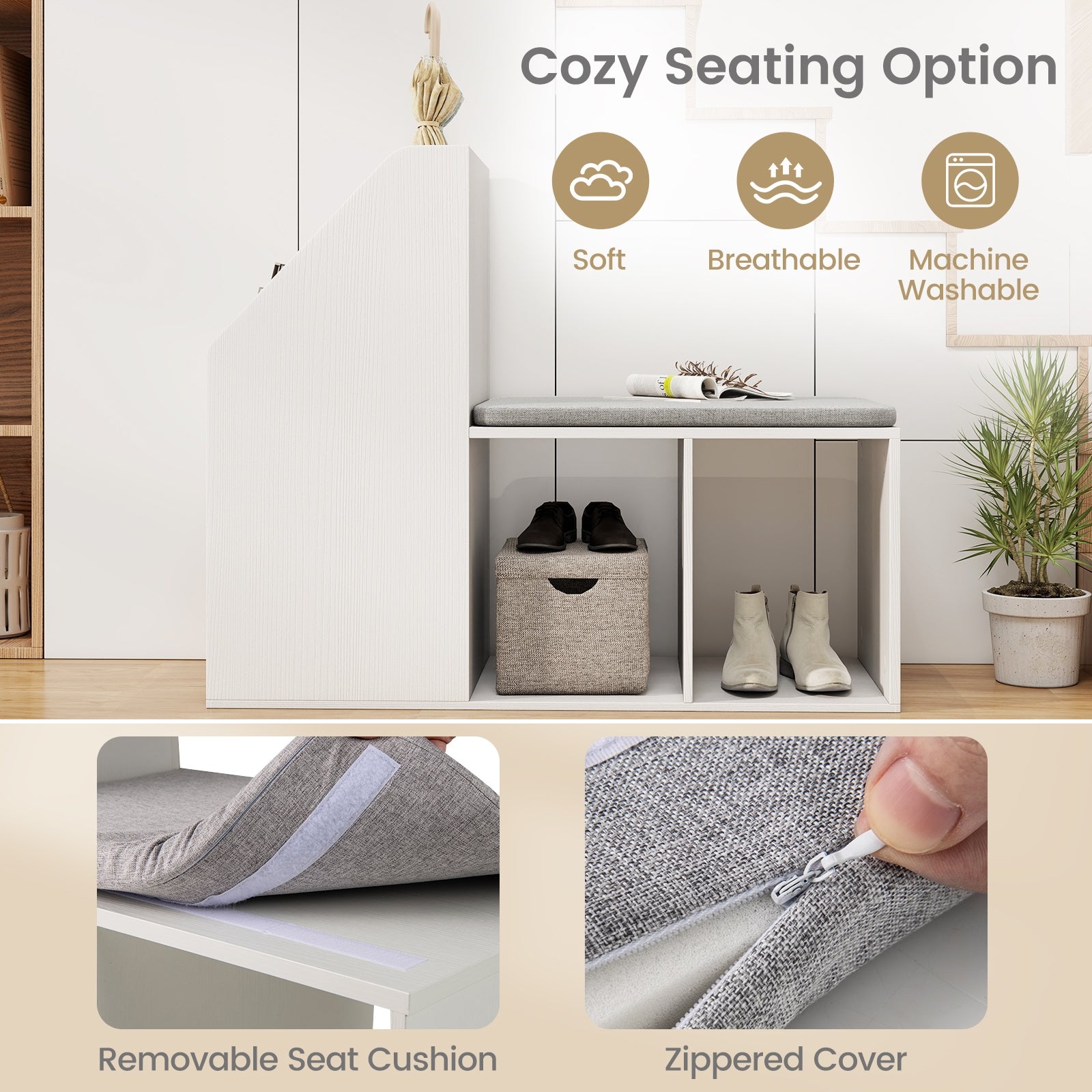 Shoe Storage Bench with Removable Seat Cushion and 6 Storage Compartments, White Shoe Racks & Storage Benches at Gallery Canada
