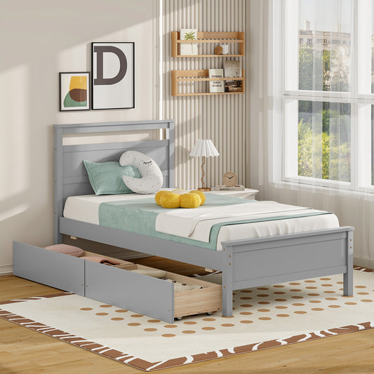 Twin Size Wooden Bed Frame with 2 Drawers for Teens and Adults, Gray Simple Bed Frame Gray  at Gallery Canada