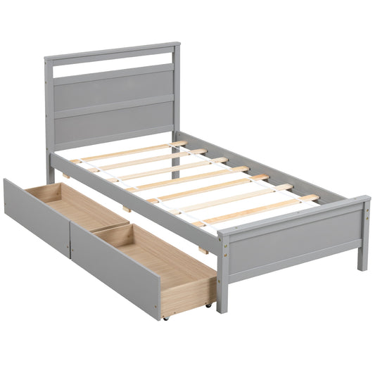 Twin Size Wooden Bed Frame with 2 Drawers for Teens and Adults, Gray Simple Bed Frame Gray  at Gallery Canada