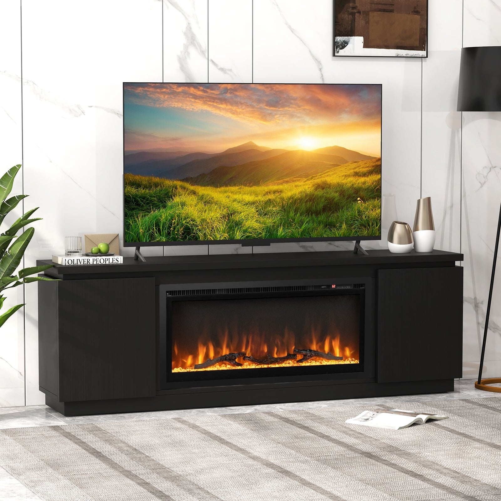 Fireplace TV Stand for TVs up to 80 Inch with 3 Adjustable Shelves, Black Entertainment Centers & TV Stands at Gallery Canada