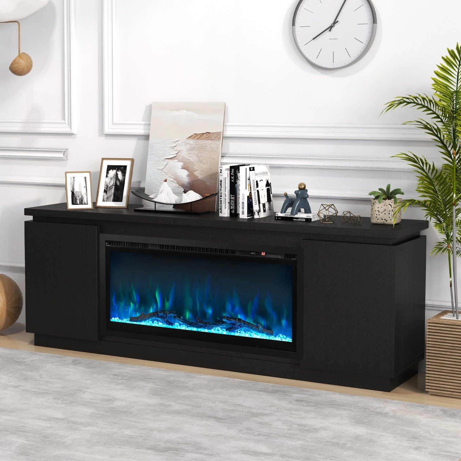 Fireplace TV Stand for TVs up to 80 Inch with 3 Adjustable Shelves, Black Entertainment Centers & TV Stands at Gallery Canada