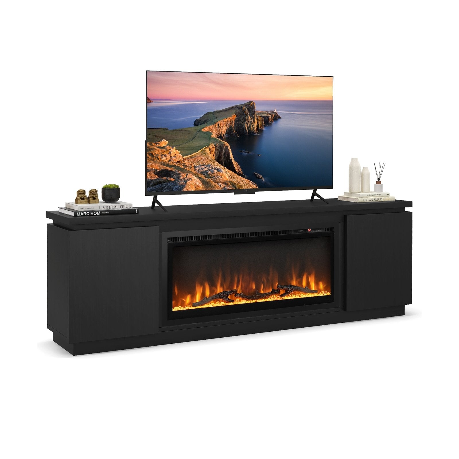 Fireplace TV Stand for TVs up to 80 Inch with 3 Adjustable Shelves, Black Entertainment Centers & TV Stands Black at Gallery Canada