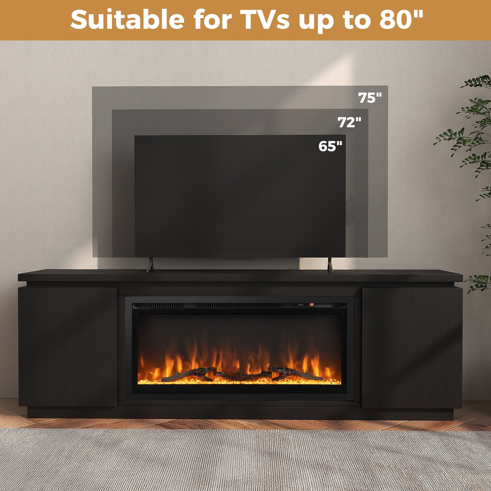 Fireplace TV Stand for TVs up to 80 Inch with 3 Adjustable Shelves, Black Entertainment Centers & TV Stands at Gallery Canada