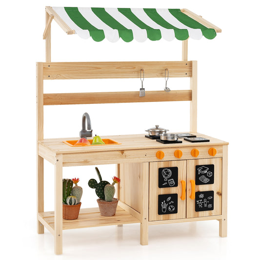 Mud Kitchen Fir Wood Play Kitchen with Canopy and Sink and 4 Stoves, Natural