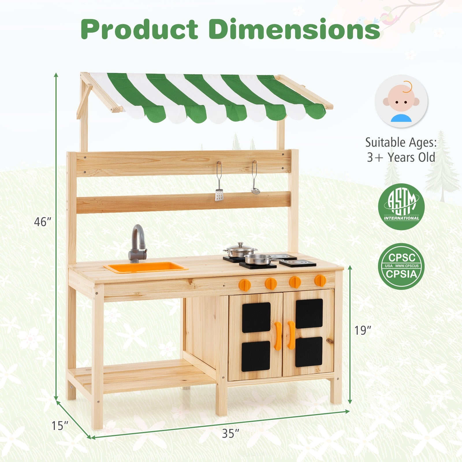 Mud Kitchen Fir Wood Play Kitchen with Canopy and Sink and 4 Stoves, Natural Play Kitchen Sets at Gallery Canada