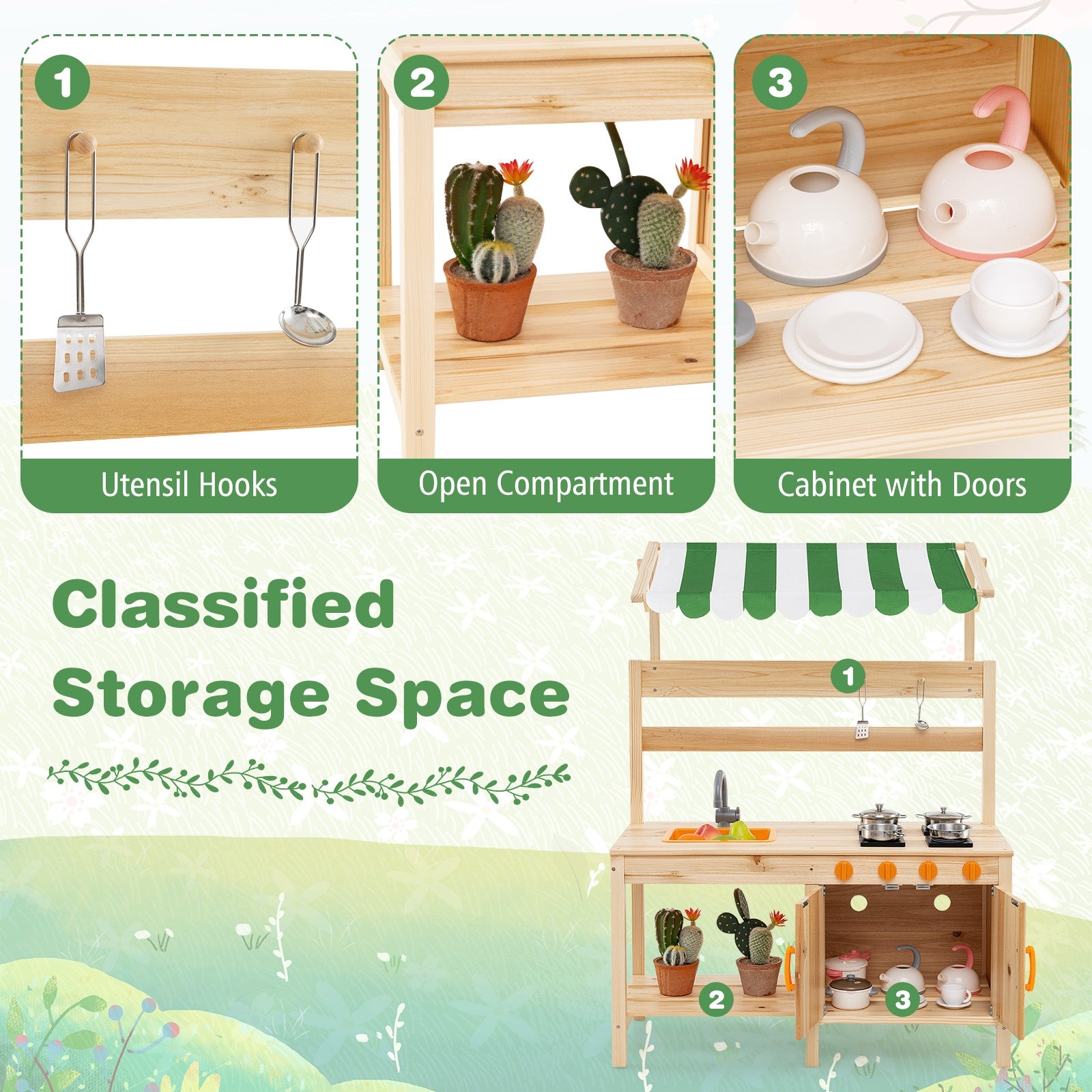 Mud Kitchen Fir Wood Play Kitchen with Canopy and Sink and 4 Stoves, Natural Play Kitchen Sets at Gallery Canada