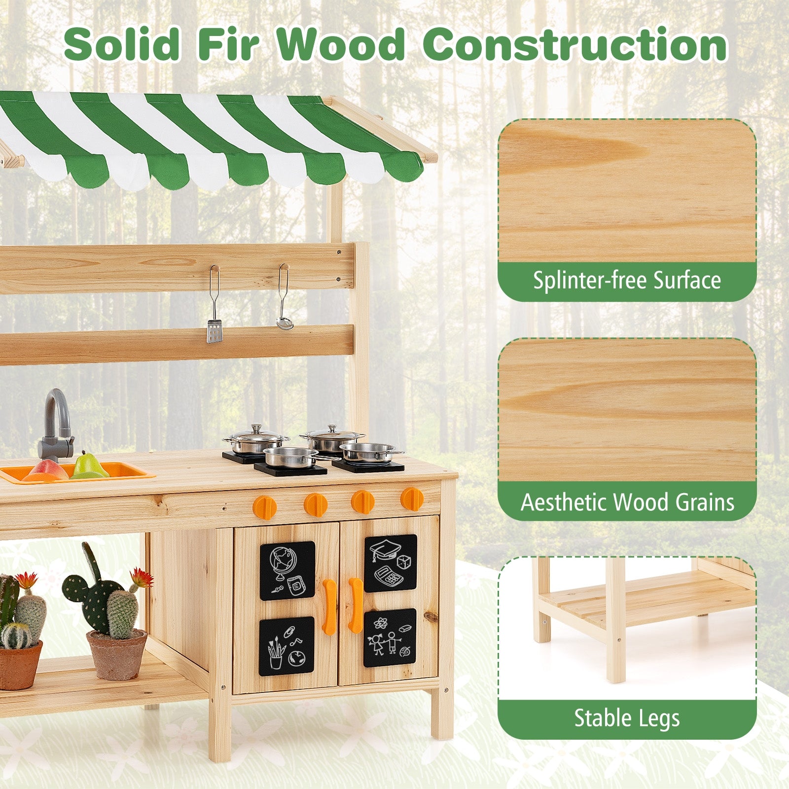 Mud Kitchen Fir Wood Play Kitchen with Canopy and Sink and 4 Stoves, Natural Play Kitchen Sets at Gallery Canada
