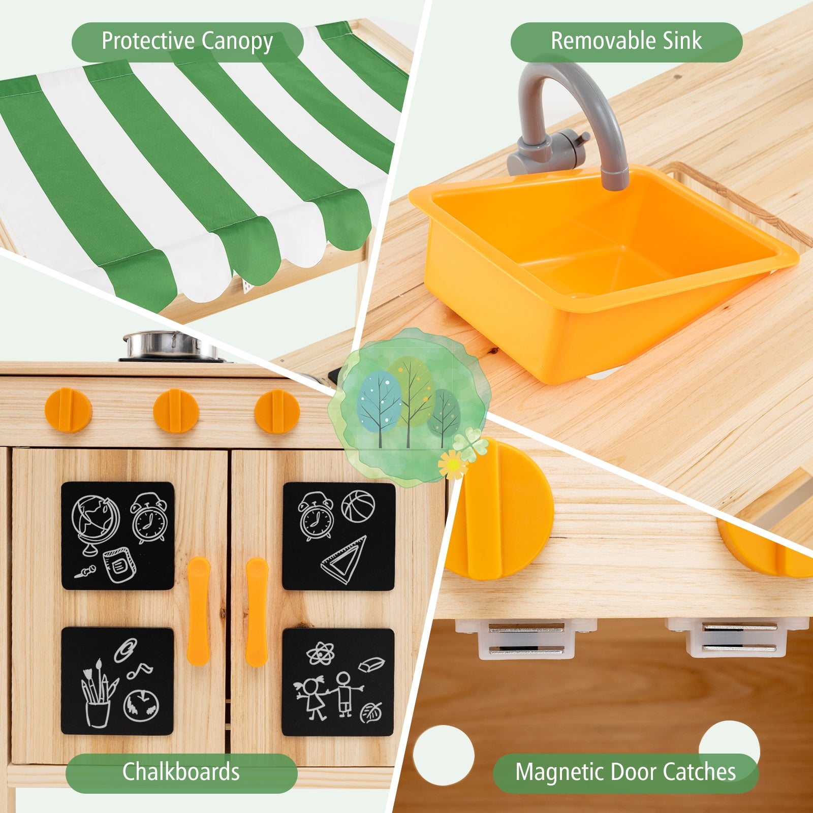 Mud Kitchen Fir Wood Play Kitchen with Canopy and Sink and 4 Stoves, Natural Play Kitchen Sets at Gallery Canada